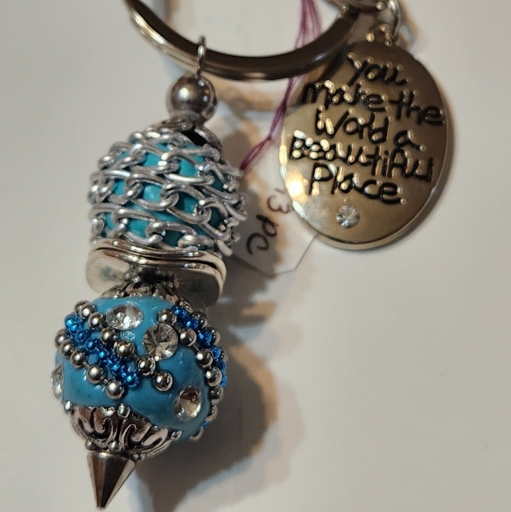 Hand Crafted Purse Charm/Key Chain with Pendant Turquoise Silver 4.5" - Picture 6 of 8